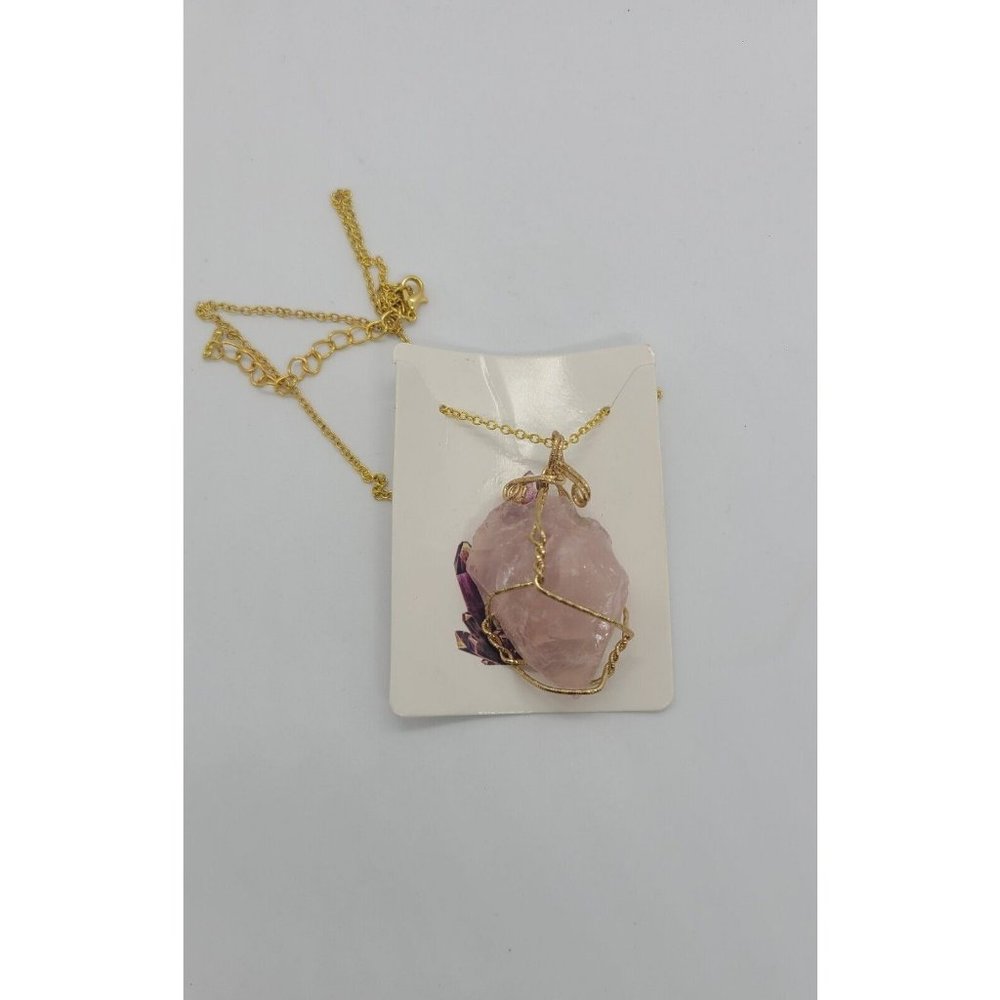 Rose Color Gemstone Necklace With Gold Tone Chain NEW